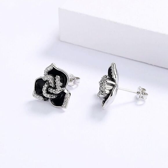 Sterling Silver Black Flower Enamel Drip Rhinestone Earrings Womens New - Picture 4 of 6